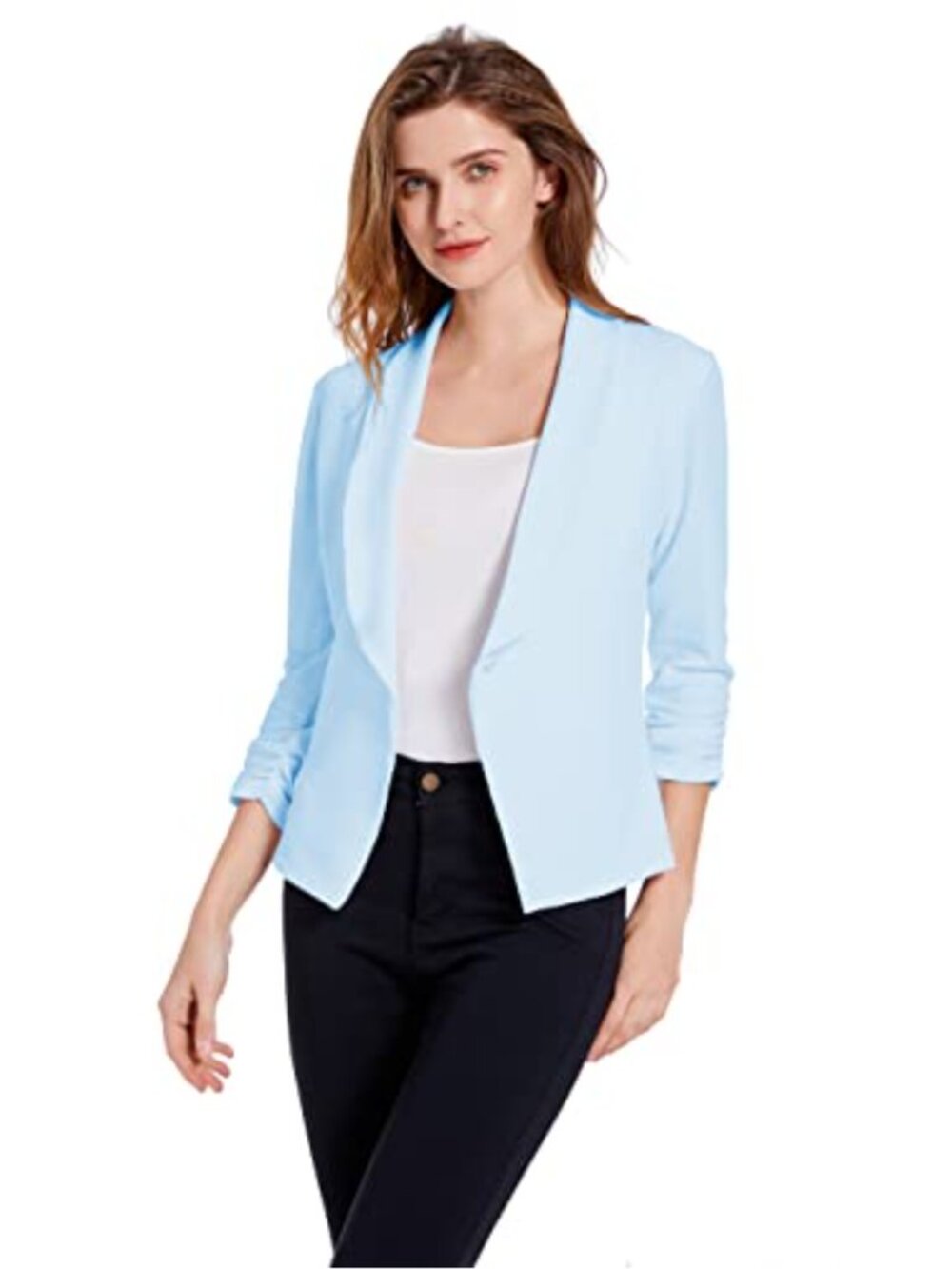 Women's Soft Stretchy Lightweight Cardigan Blazer 3/4 Ruched Sleeve Business